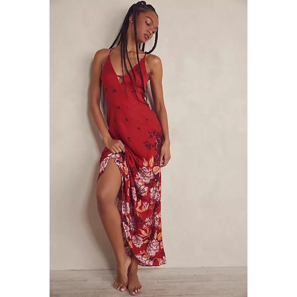 Free People Maxi Dress XS Floral Boho Festival Vacation Romantic Red Get To You